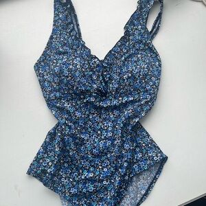 Blue Floral Women’s One Piece Swimsuit Bows Deep Cut Full Coverage